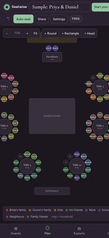 The same seating plan on a phone, with Guests, Plan and Exports tabs along the bottom.