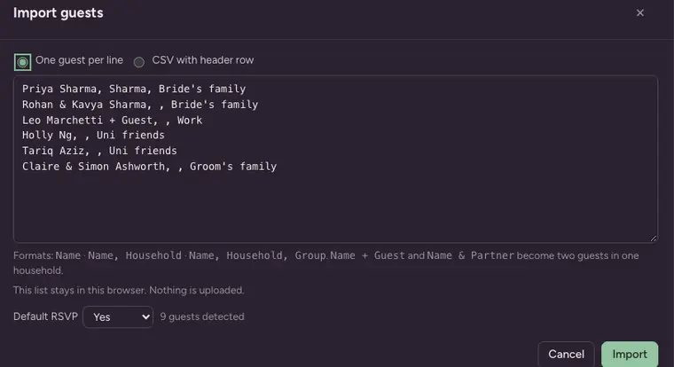 The Import guests dialog with six names pasted one per line and the note 9 guests detected.